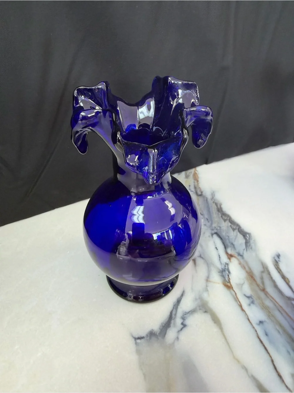Vintage Cobalt Blue Art Glass Vase Set - 4 Piece Ruffled & Crimped Vase Bundle